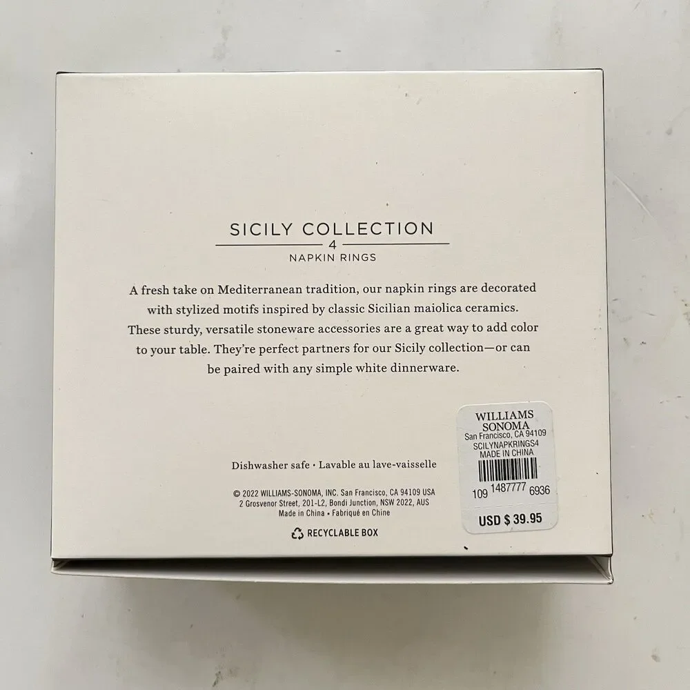 Williams Sonoma Sicily Napkin Rings Set of 4 Blue Ceramic New Box